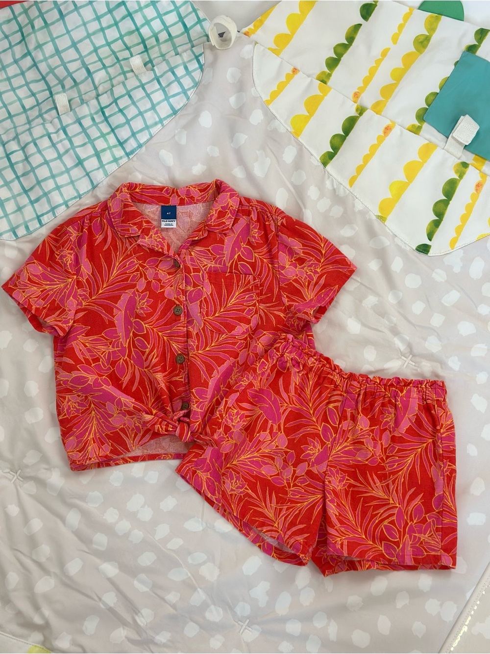 Old Navy Pink and Red Linen Shirt + Shorts Matching Set Size 4T